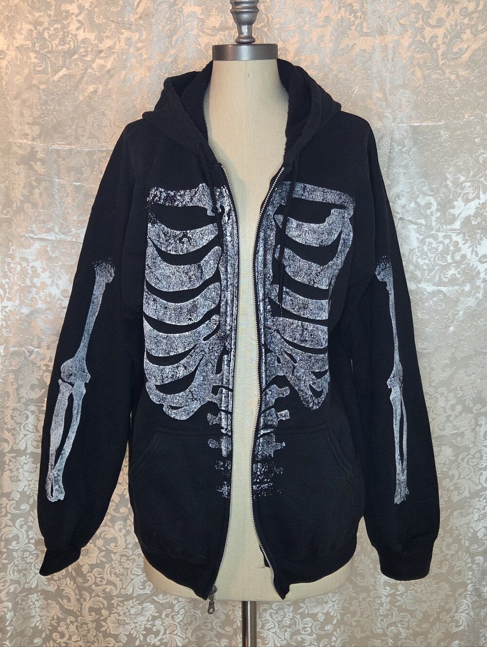 Black Matter Zip-Up Hoodie with White Distressed Skeleton Print L